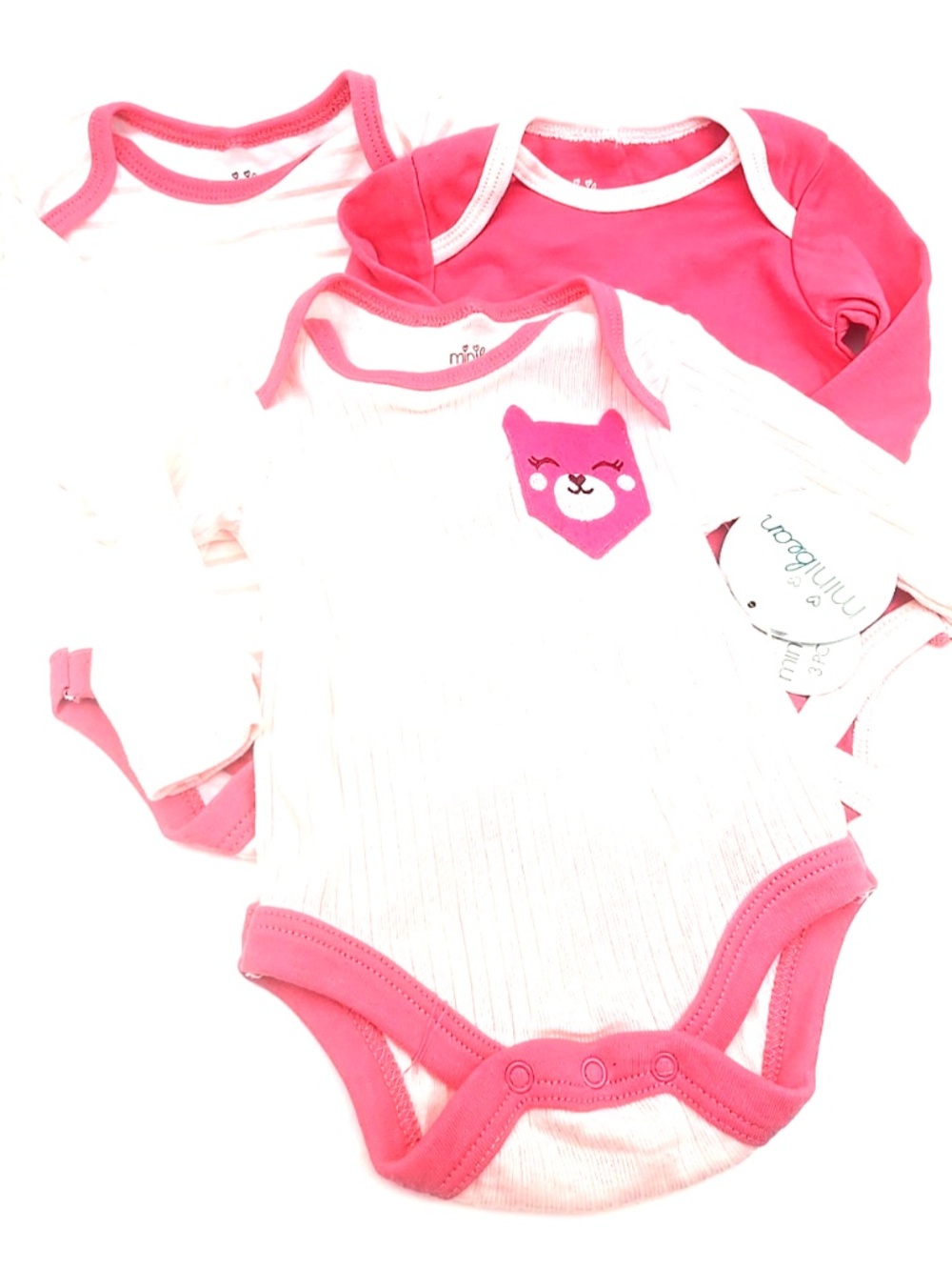 Mini Bean Baby Bodysuit Set Size 0/3m Girls 3pc Snap Long Sleeve Pink Infant